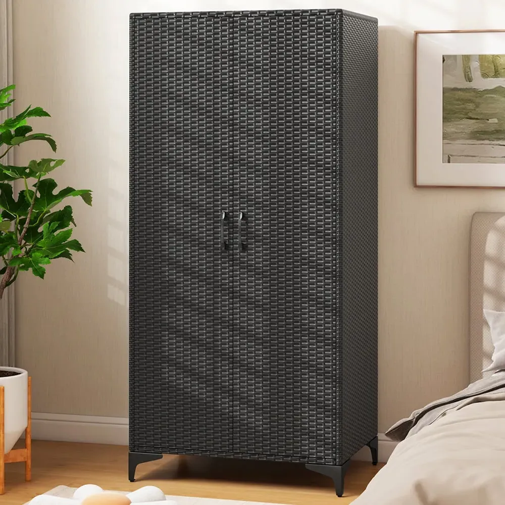 4 Storage Cube Rattan Wardrobe Armoire - Black image