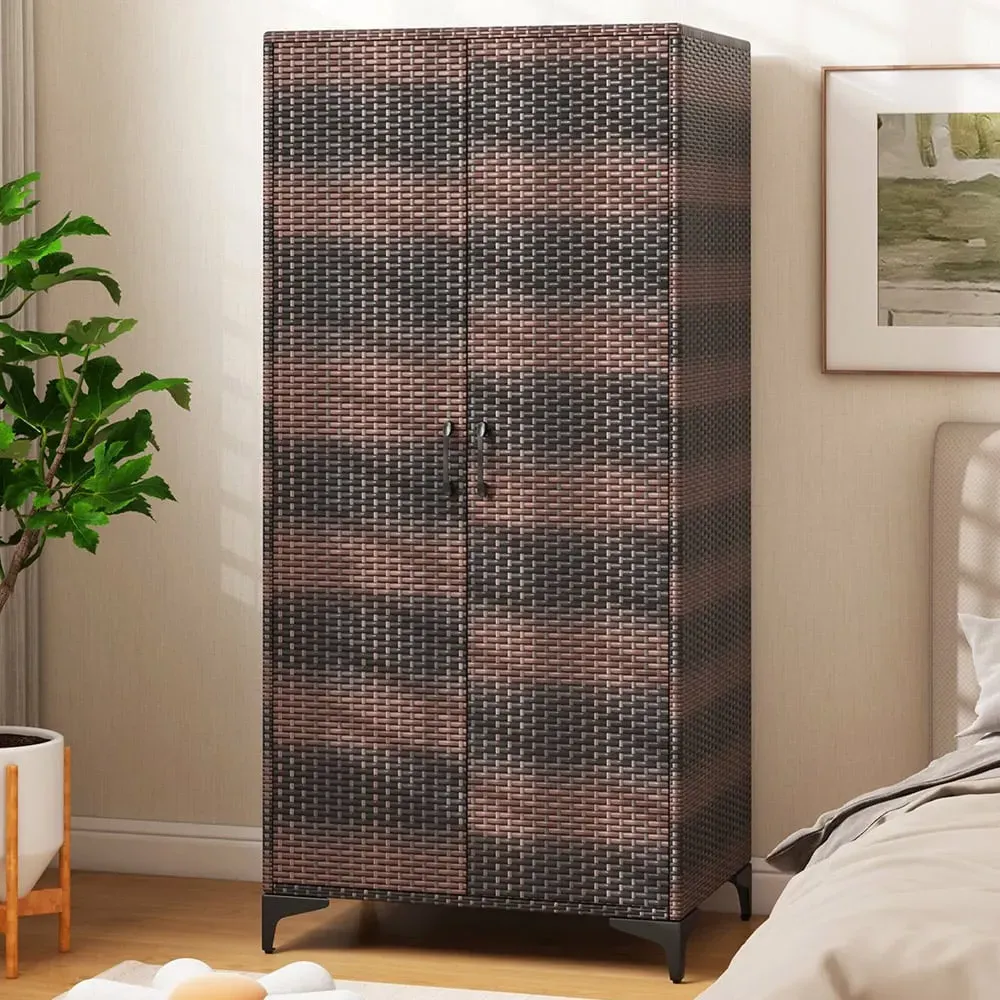 4 Storage Cube Rattan Wardrobe Armoire - Brown