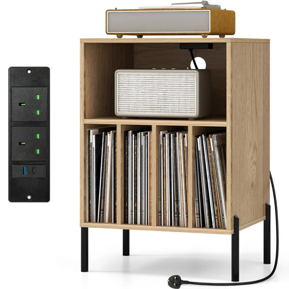 5 Compartment Record Player Stand with Charging Station - Natural