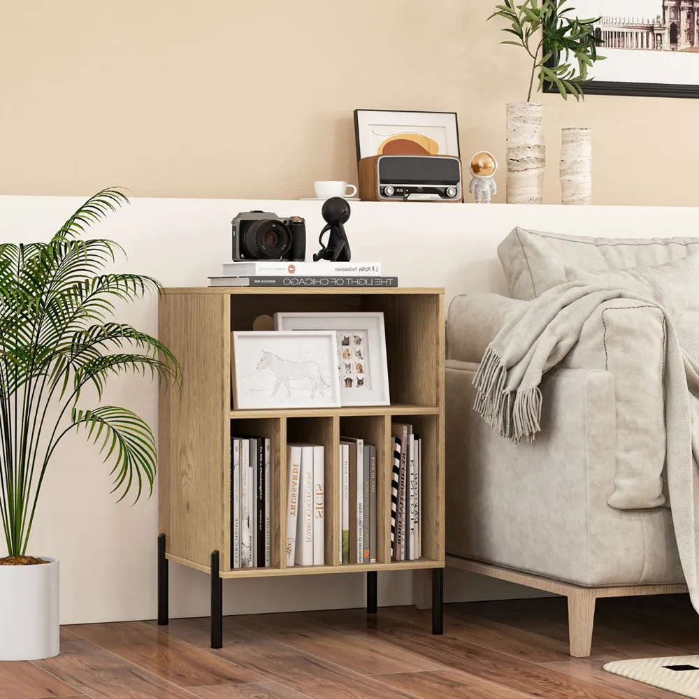 5 Compartment Record Player Stand with Charging Station - Natural