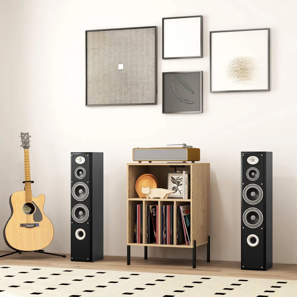 5 Compartment Record Player Stand with Charging Station - Natural