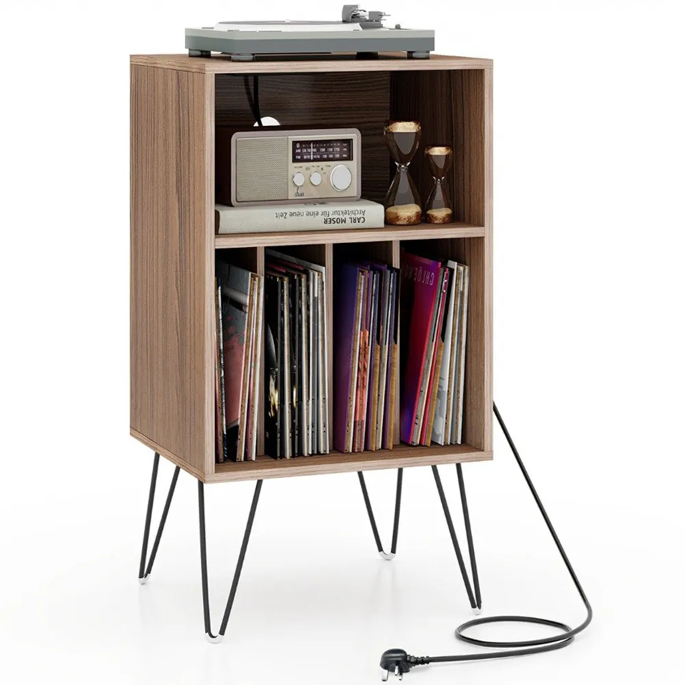 5 Compartment Record Player Stand with Charging Station - Walnut