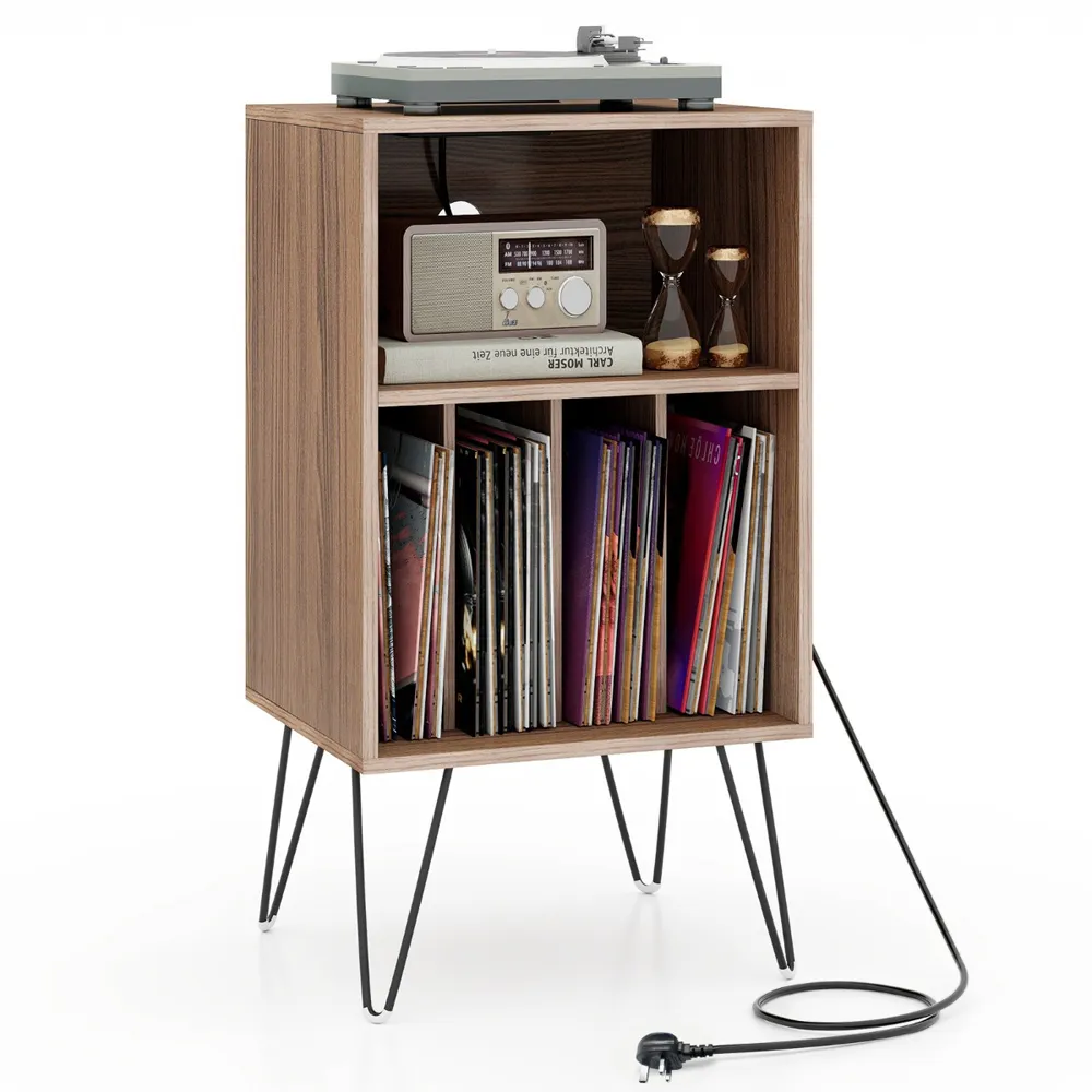 5 Compartment Record Player Stand with Charging Station - Walnut