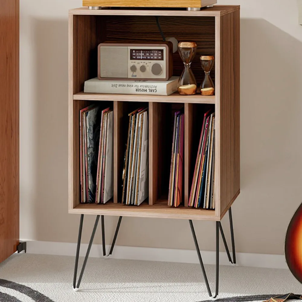 5 Compartment Record Player Stand with Charging Station - Walnut image