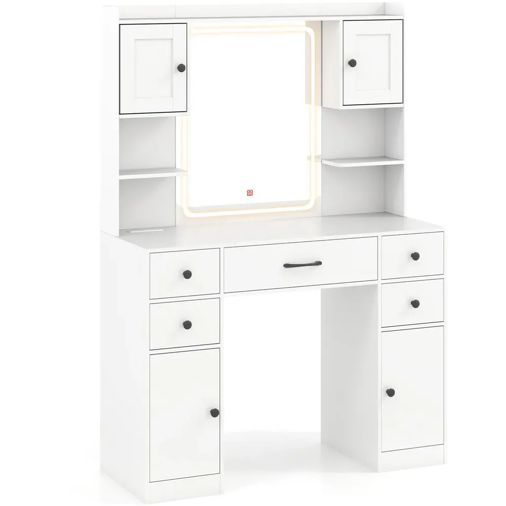 5 Drawer 2 Door Makeup Table with LED Mirror - White