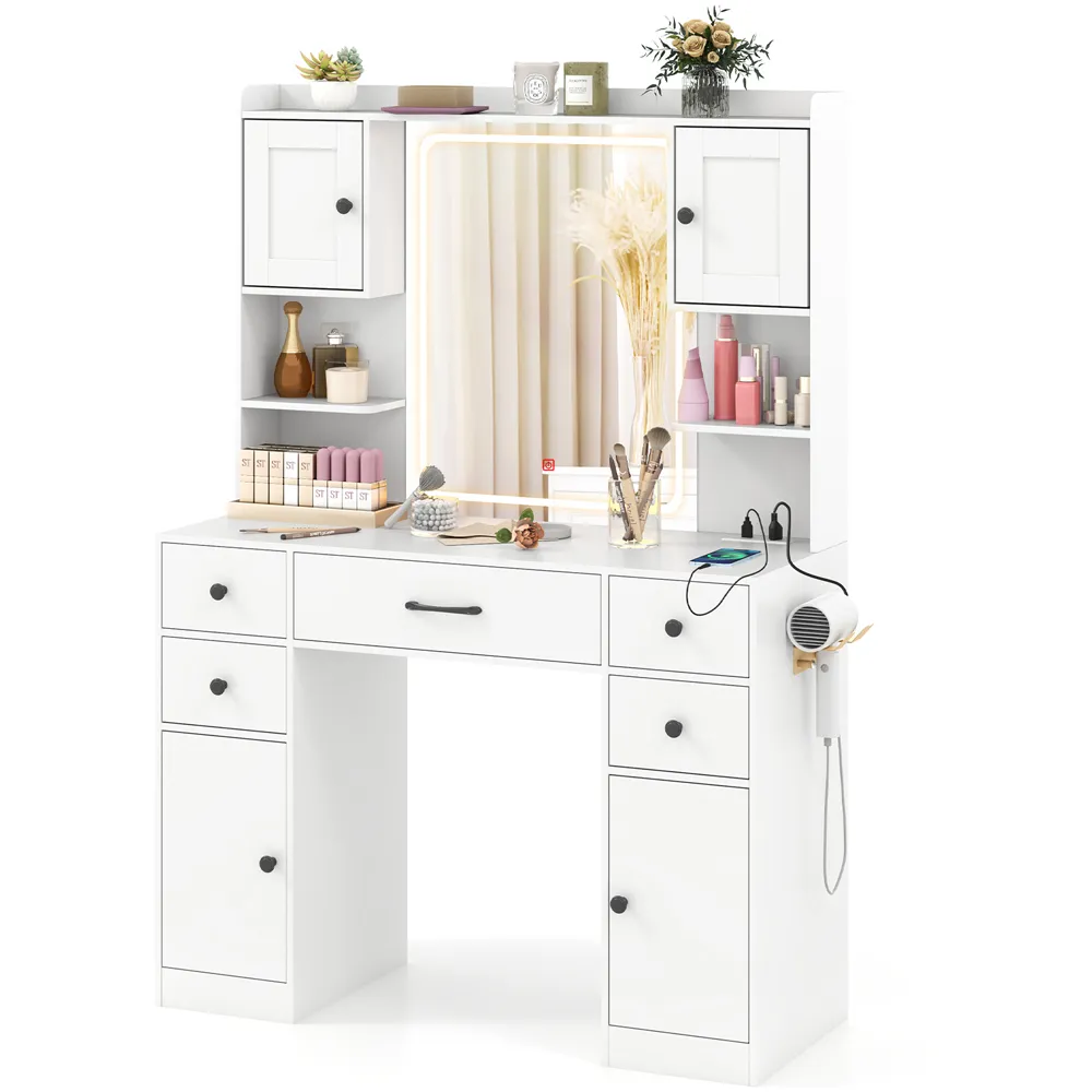 5 Drawer 2 Door Makeup Table with LED Mirror - White