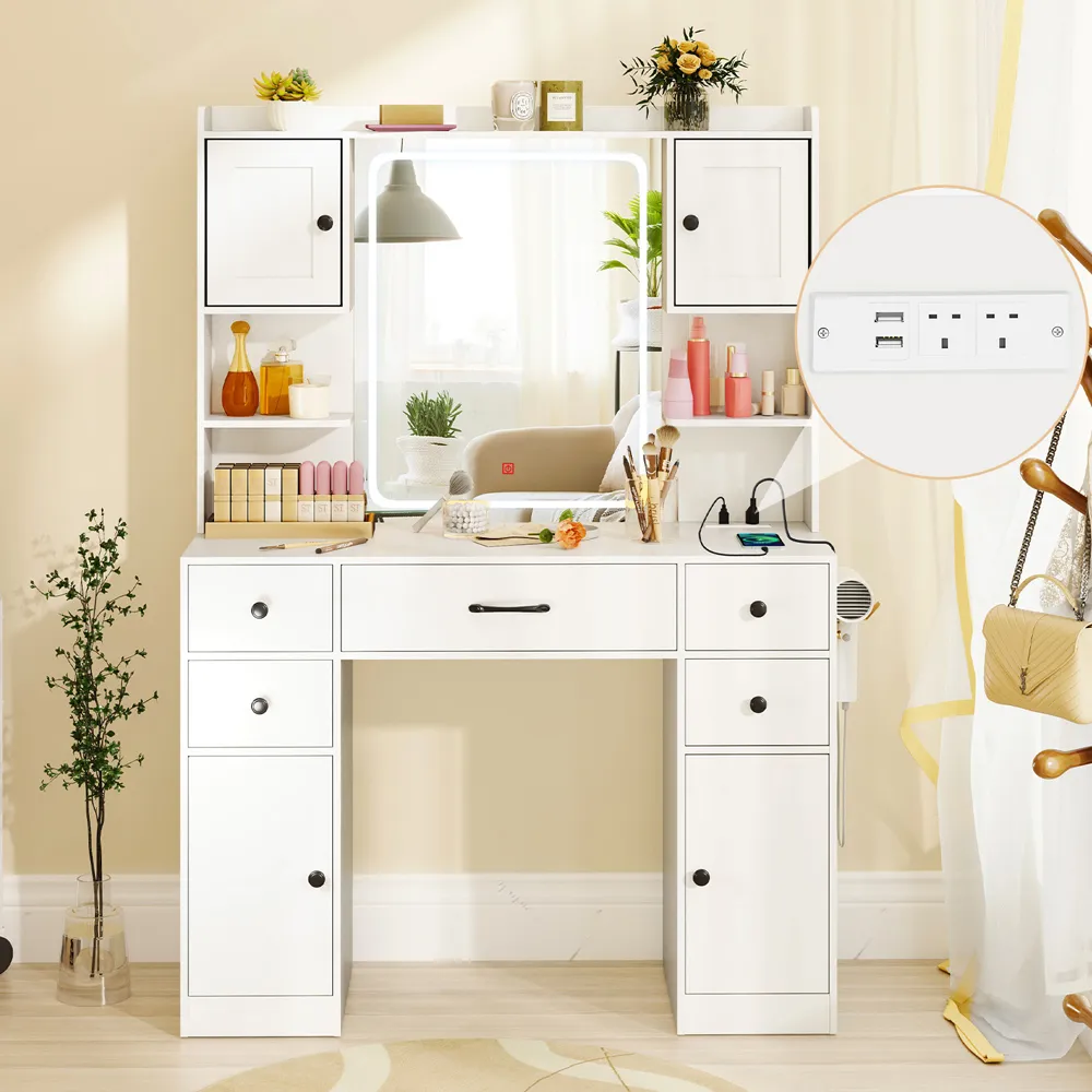 5 Drawer 2 Door Makeup Table with LED Mirror - White