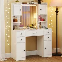 5 Drawer 2 Door Makeup Table with LED Mirror - White