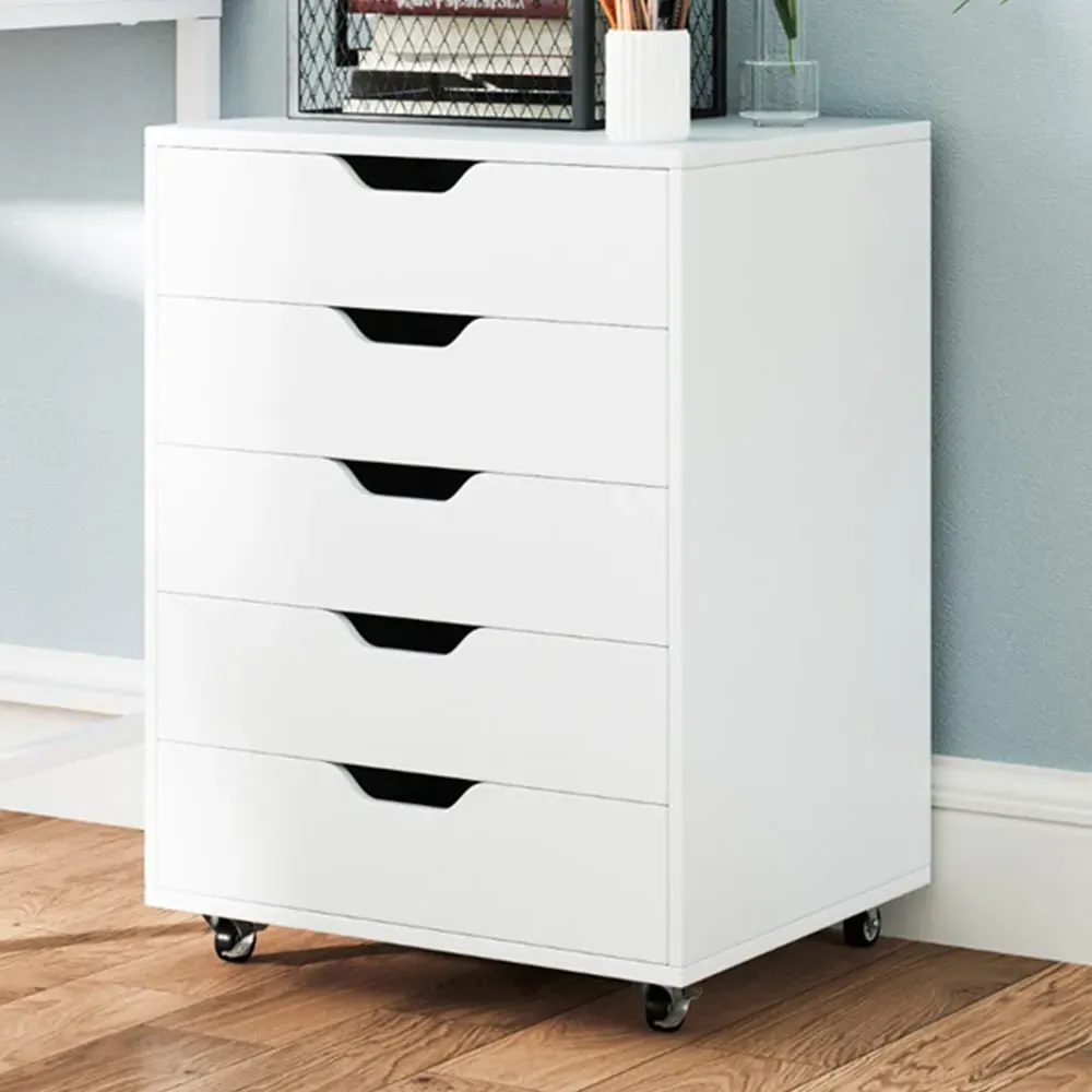 5 Drawer Chest with Lockable Wheels - White