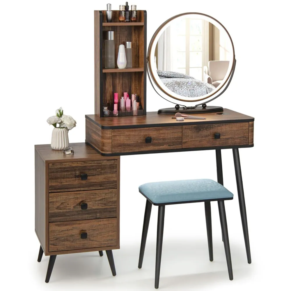 5 Drawer Vanity Dressing Table Set with LED Mirror and Charging Station - Brown