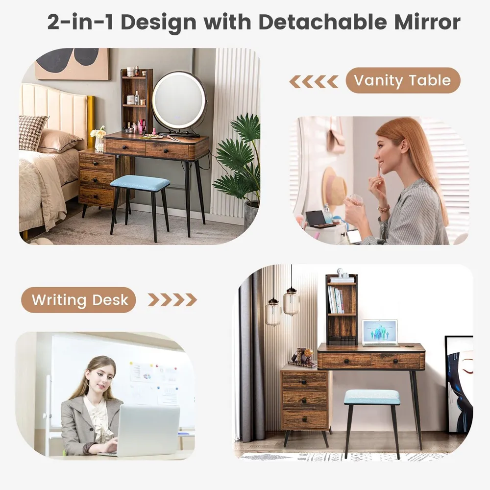 5 Drawer Vanity Dressing Table Set with LED Mirror and Charging Station - Brown