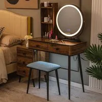 5 Drawer Vanity Dressing Table Set with LED Mirror and Charging Station - Brown