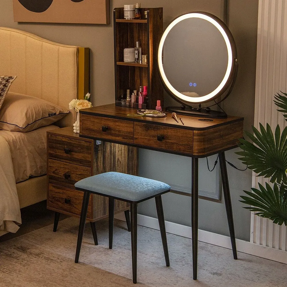 5 Drawer Vanity Dressing Table Set with LED Mirror and Charging Station - Brown image