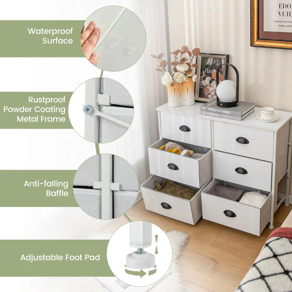 6 Drawer Chest of Drawers with Metal Frame - White