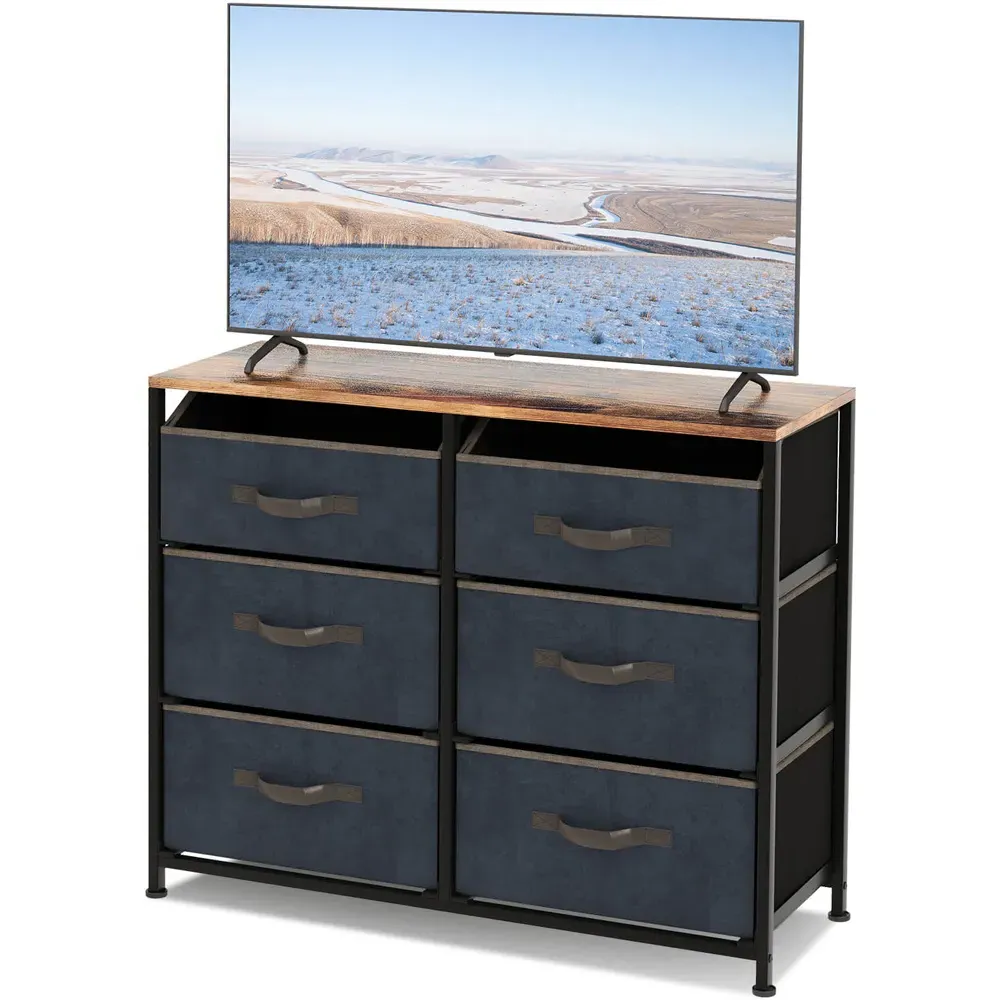 6 Drawer TV Unit with Storage - Brown, Fabric