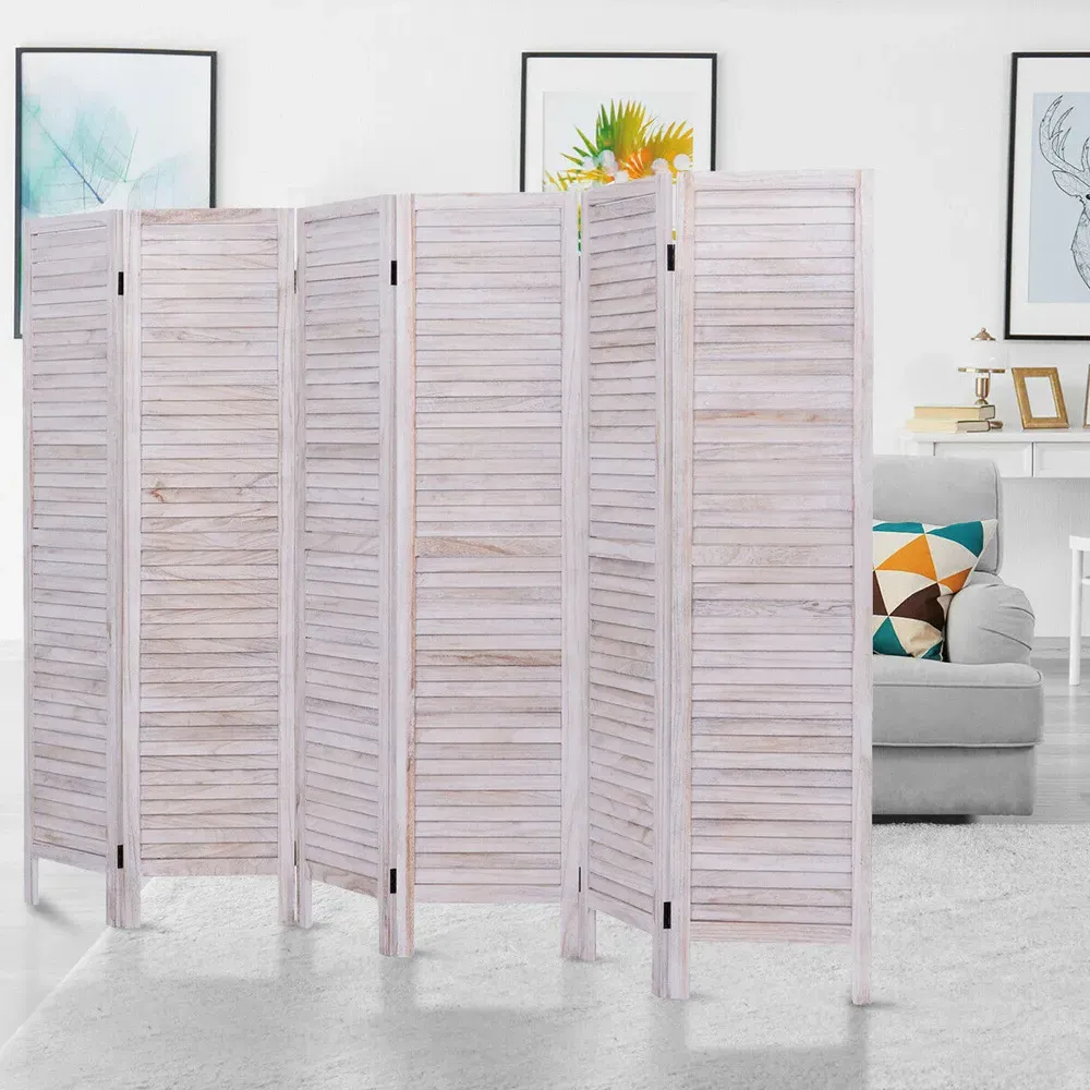 6 Panel Hinged Folding Room Divider - White, Paulownia Wood