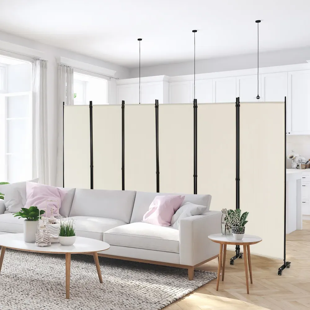 6 Panel Room Divider on Wheels - White