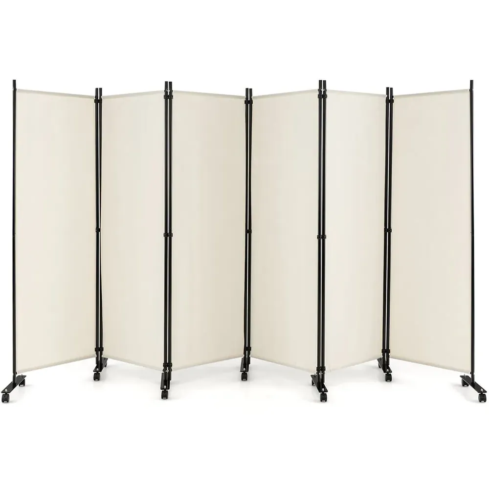 6 Panel Room Divider on Wheels - White