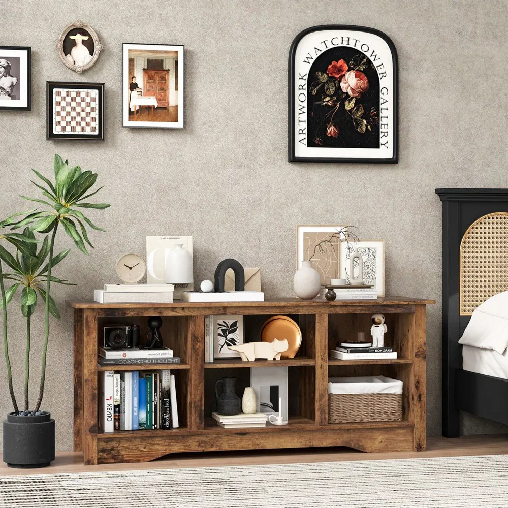 6 Shelf TV Unit with Adjustable Shelf - Rustic Brown
