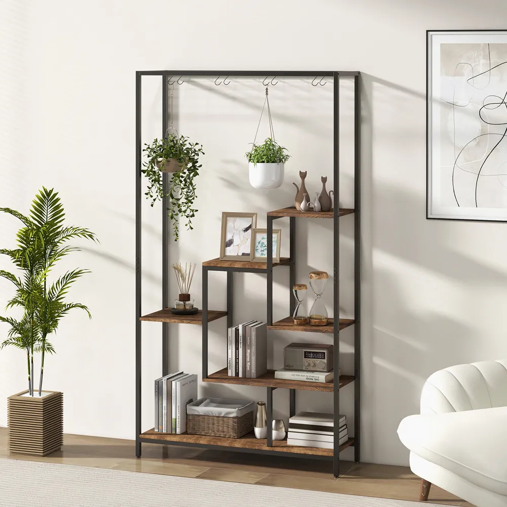 6 Tier Plant Stand with Hanging Hooks - Brown