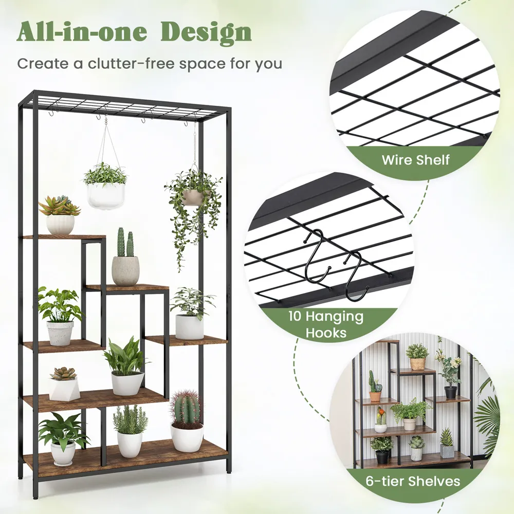 6 Tier Plant Stand with Hanging Hooks - Brown