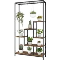 6 Tier Plant Stand with Hanging Hooks - Brown