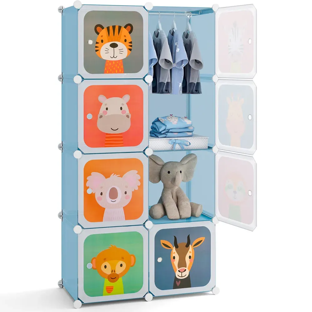 8 Cube Portable Kids Wardrobe with Hanging Section - Blue