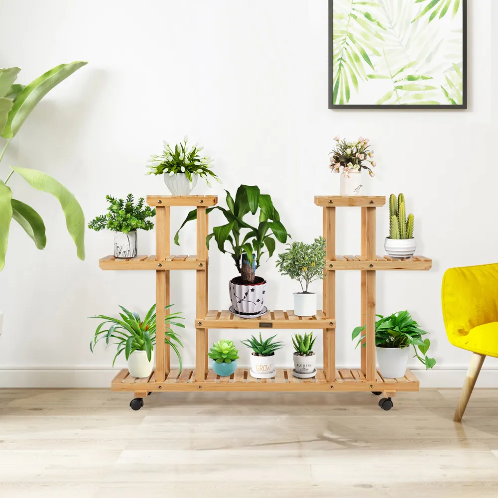 8 Shelf Plant Stand with Wheels - Cream, Fir Wood