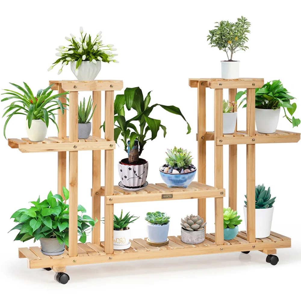 8 Shelf Plant Stand with Wheels - Cream, Fir Wood