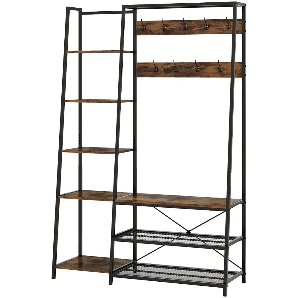 8 Shelf Tree Storage Bench with Hooks - Rustic Brown