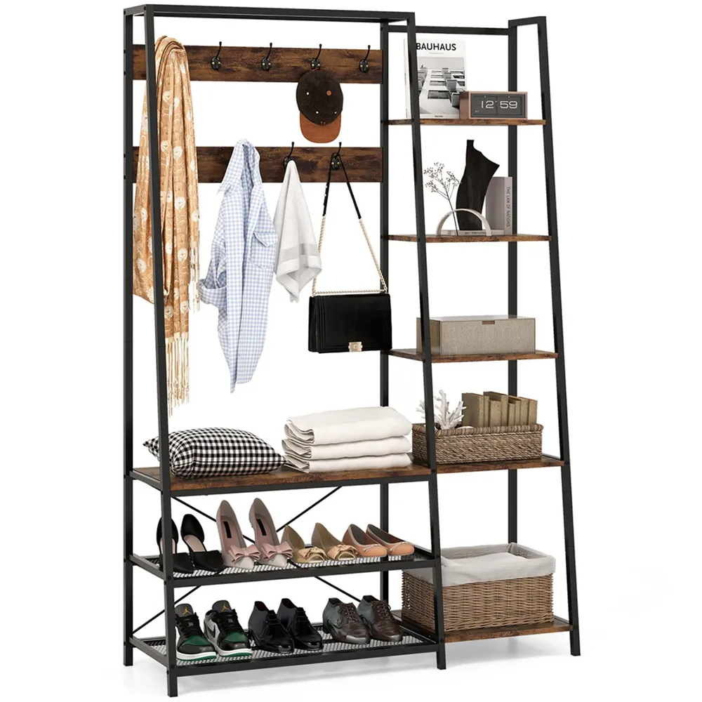 8 Shelf Tree Storage Bench with Hooks - Rustic Brown