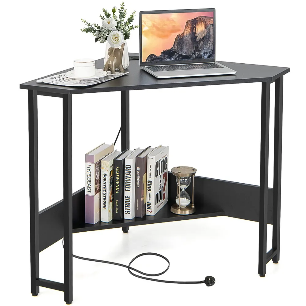 9-Degree Triangle Computer Desk with Power Outlet - Black