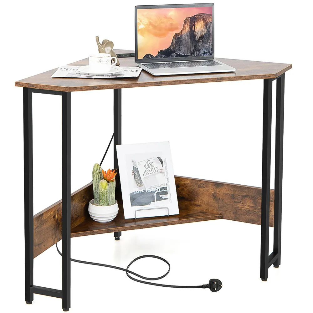 9-Degree Triangle Computer Desk with Power Outlet - Brown