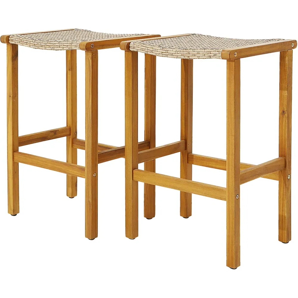 Acacia Wood Bar Stool Set of 2 - PE Wicker
