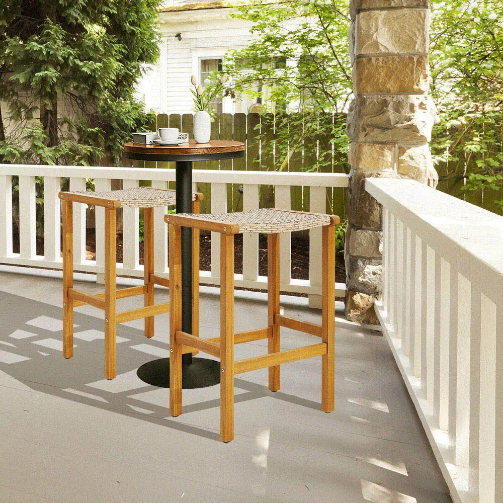 Acacia Wood Bar Stool Set of 2 - PE Wicker