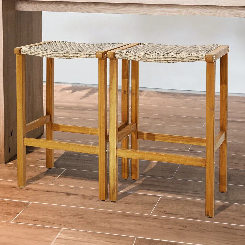 Acacia Wood Bar Stool Set of 2 - PE Wicker