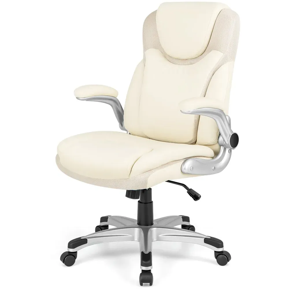 Adjustable Executive Office Chair with Flip-Up Arms - White, PU Leather