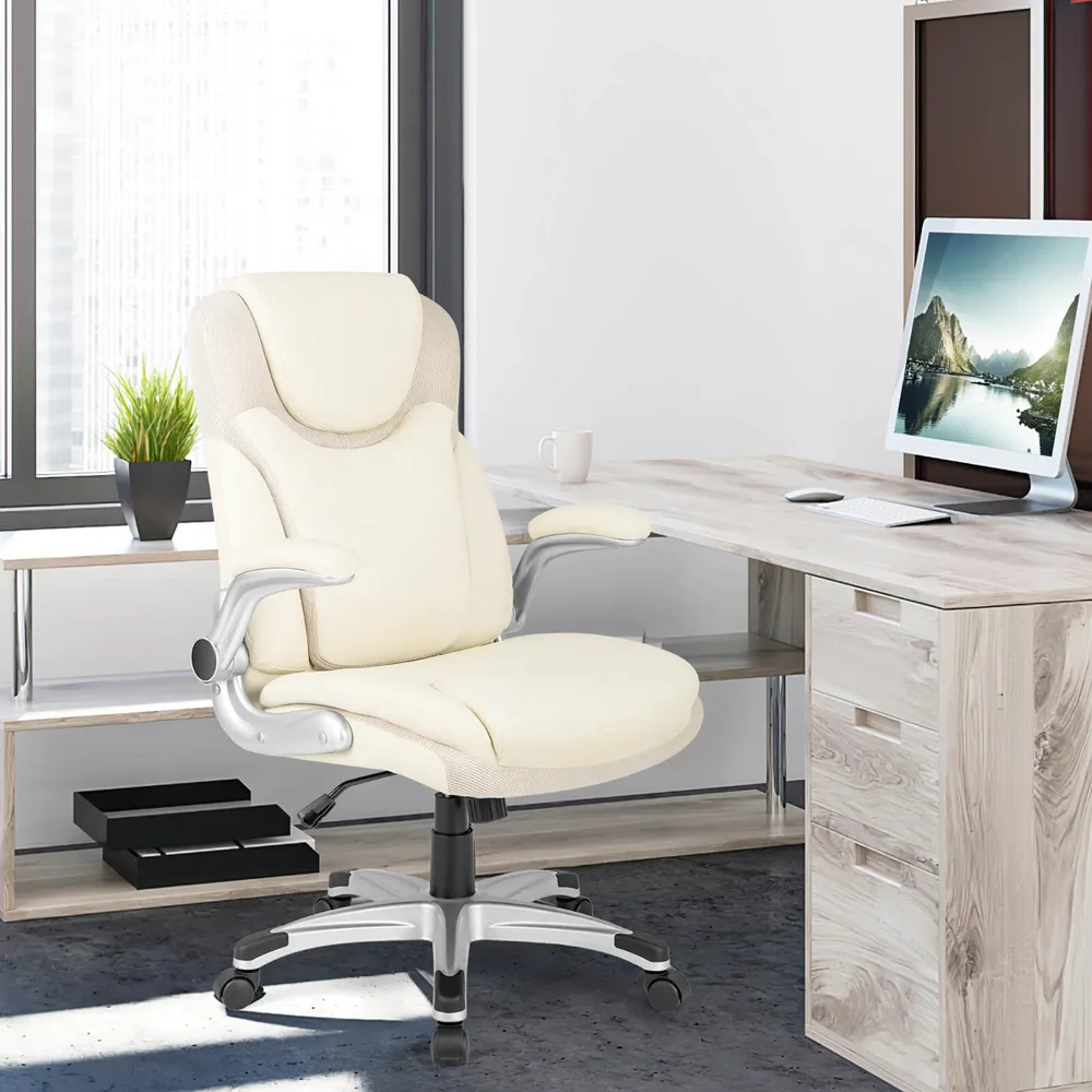 Adjustable Executive Office Chair with Flip-Up Arms - White, PU Leather