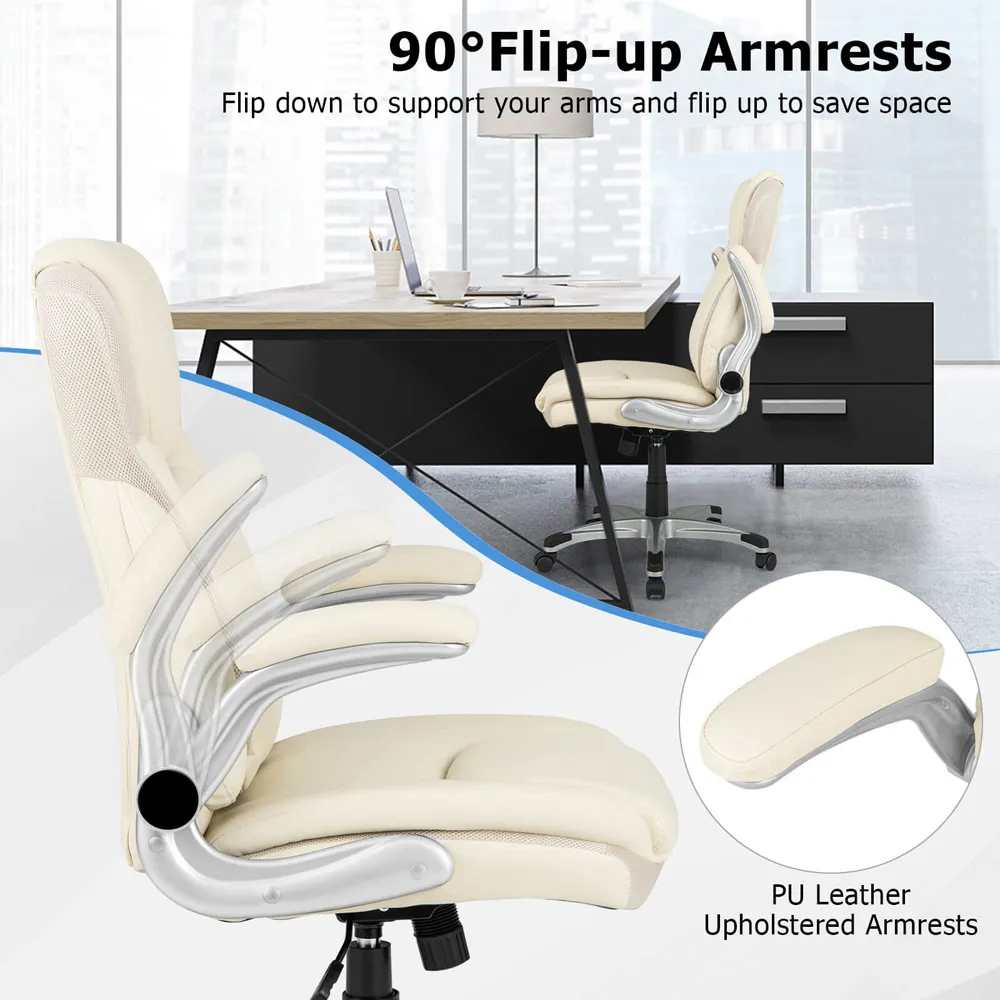 Adjustable Executive Office Chair with Flip-Up Arms - White, PU Leather