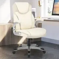Adjustable Executive Office Chair with Flip-Up Arms - White, PU Leather