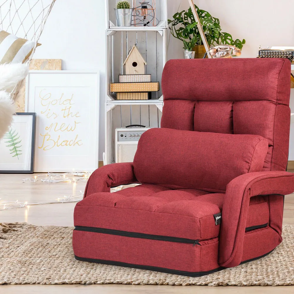 Adjustable Foldable Recliner Floor Chair with Pillow - Red