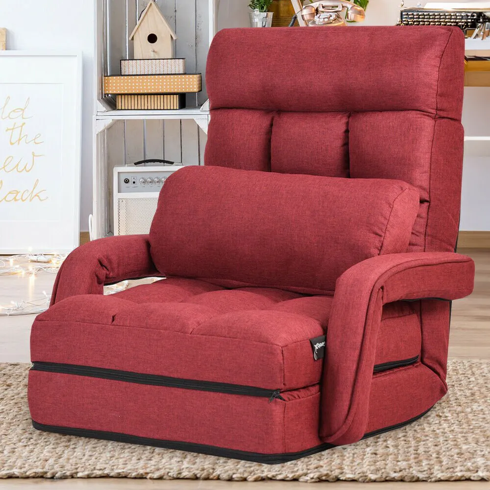 Adjustable Foldable Recliner Floor Chair with Pillow - Red image