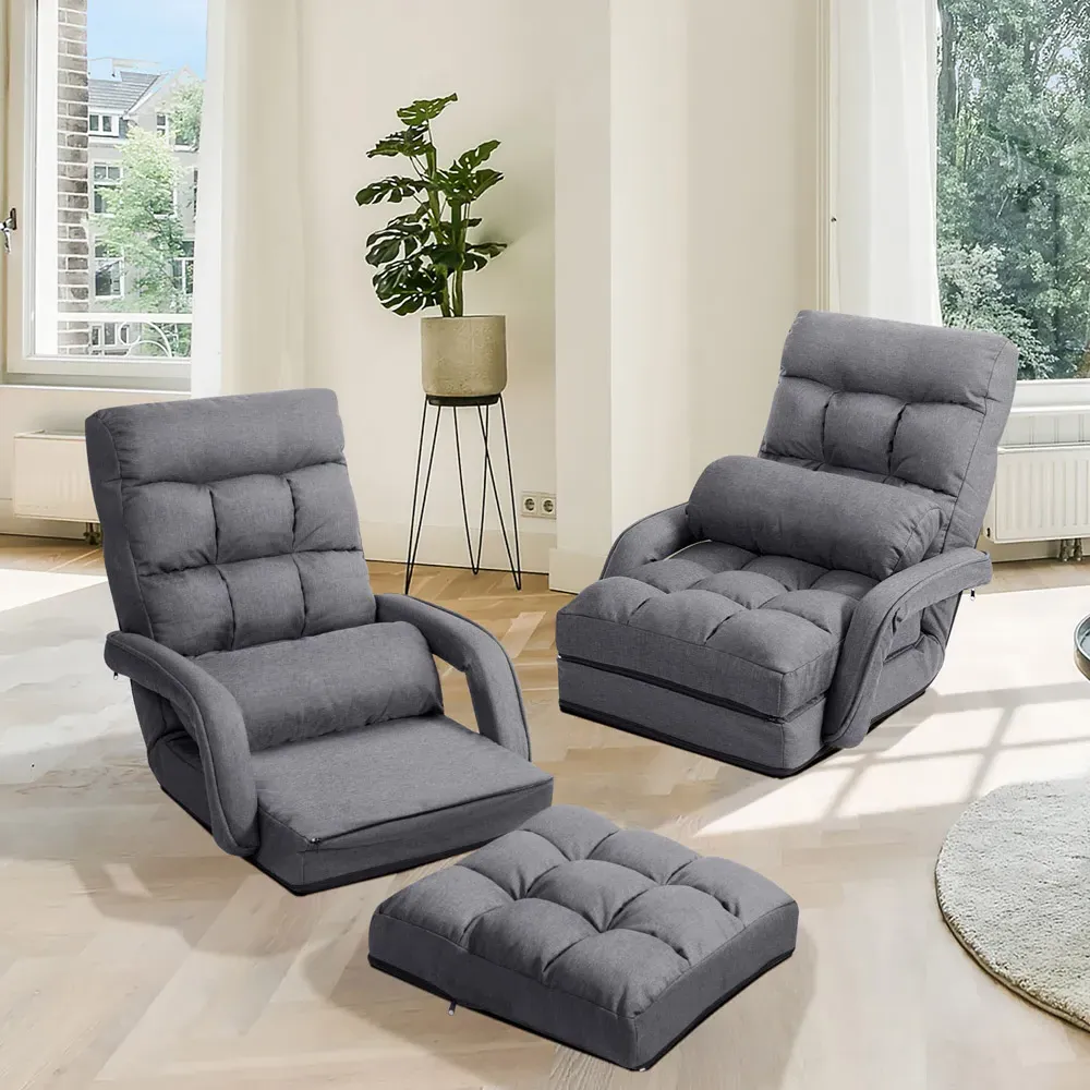 Adjustable Folding Floor Chair with Pillow - Grey
