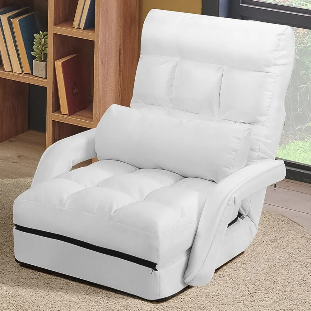 Adjustable Folding Floor Chair with Pillow - White image