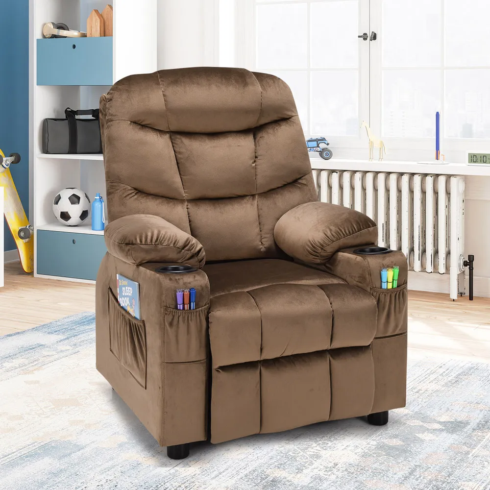 Adjustable Kids Lounger with Cup Holders - Brown, Velvet