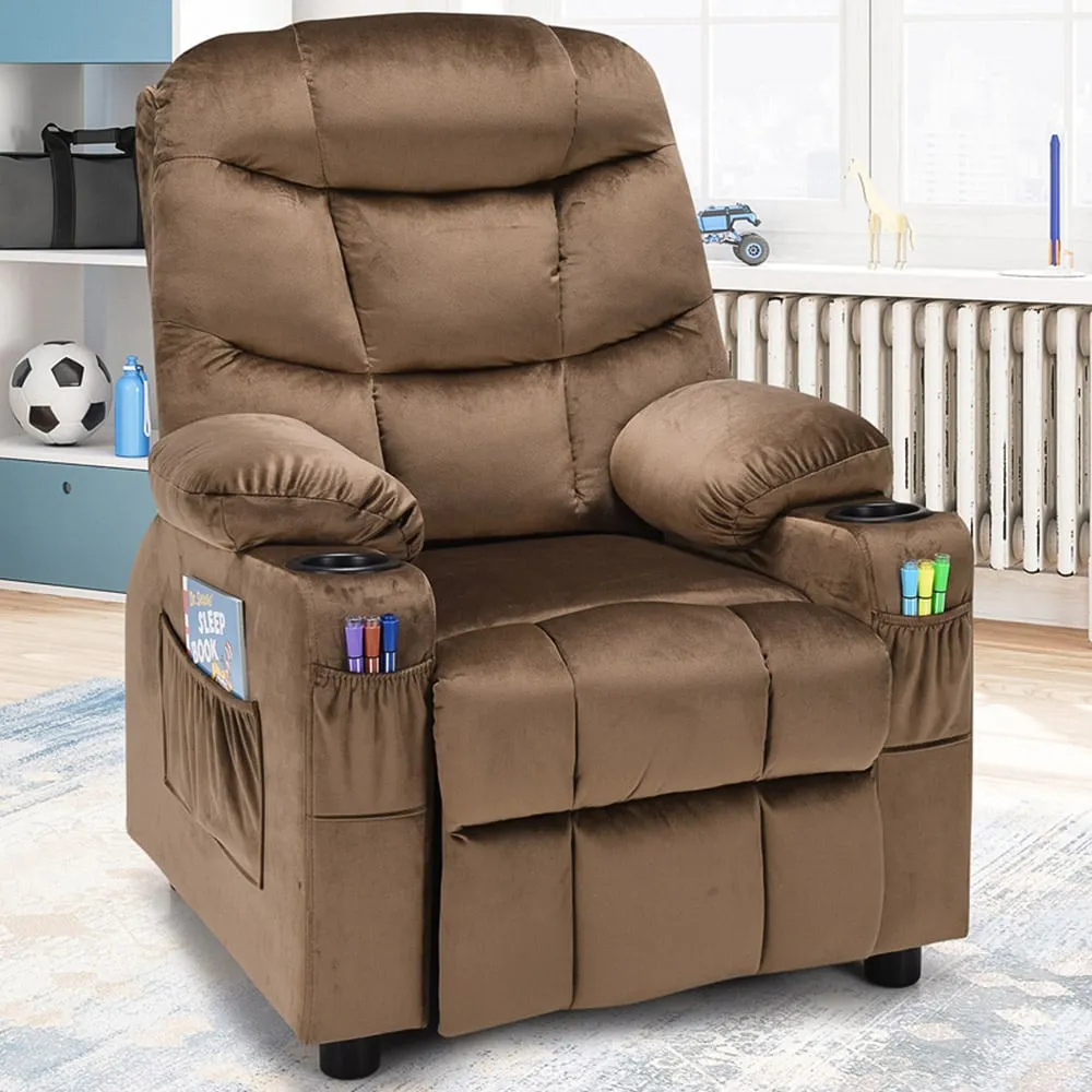 Adjustable Kids Lounger with Cup Holders - Brown, Velvet image
