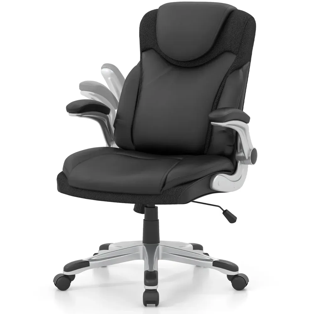 Adjustable Office Chair with Armrests - Black, Leather