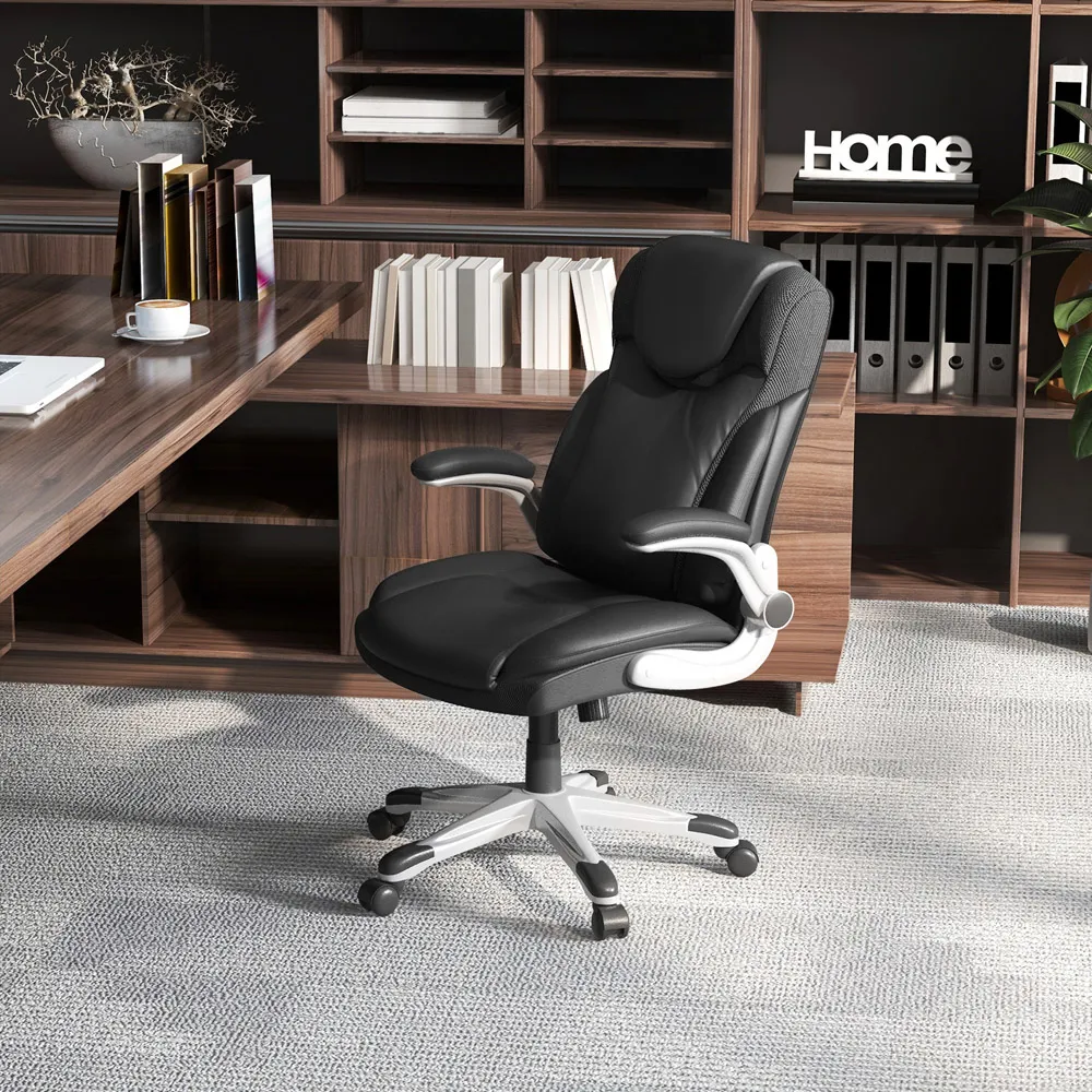 Adjustable Office Chair with Armrests - Black, Leather