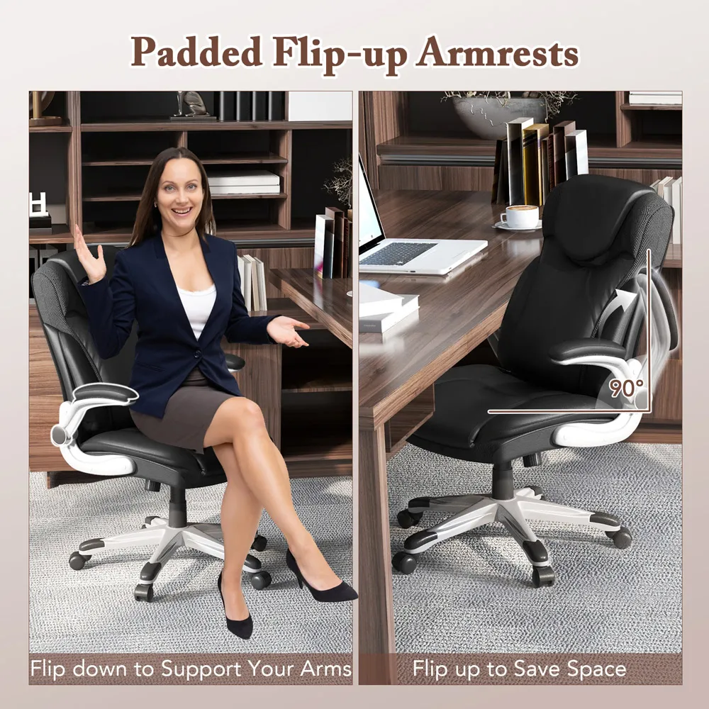 Adjustable Office Chair with Armrests - Black, Leather