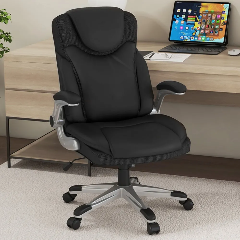 Adjustable Office Chair with Armrests - Black, Leather image